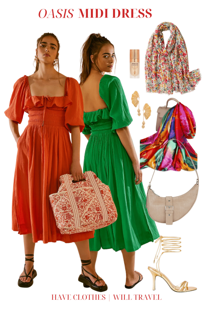 A collaged photo of a Cinco De Mayo outfit ensemble including a red and green midi dress, colorful block scarf, gold heels, and accessories