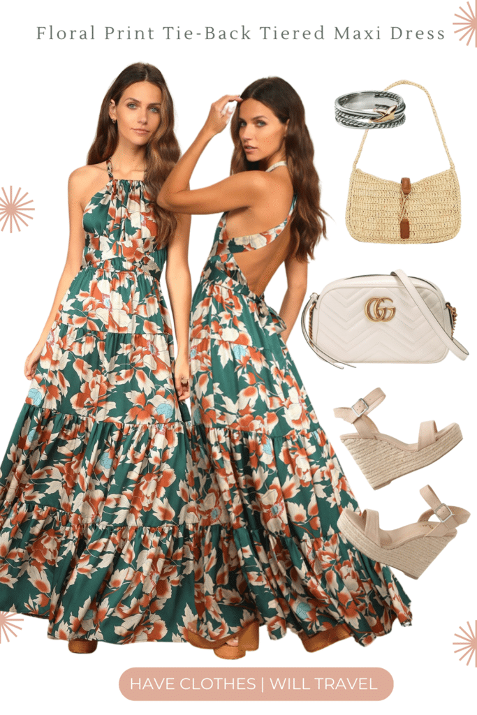 Outfit ensemble including a white floral print tie-back tiered maxi dress, cream platform wedges, a Gucci bag, woven YSL bag, and accessories