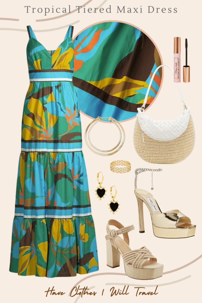 A collaged photo of a Cinco De Mayo outfit ensemble including a tropical-themed tiered cotton maxi dress, platform wedges, woven bag, and accessories