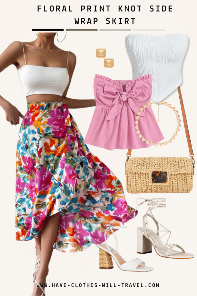 A collaged photo of a Cinco De Mayo outfit ensemble including a floral print knot side wrap skirt, pink and white crop top, woven handbag, white strappy heels, and accessories
