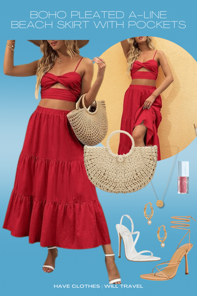 Outfit ensemble including a red boho pleated A-line beach skirt with pockets, woven handbag, white and nude heels, and accessories