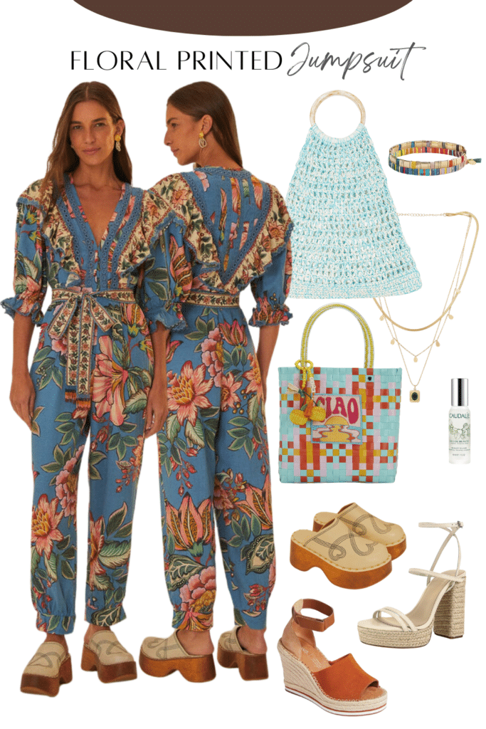 A collaged photo of a Cinco De Mayo outfit ensemble including a blue floral printed jumpsuit, woven aqua handbags, clog platforms, and accessories