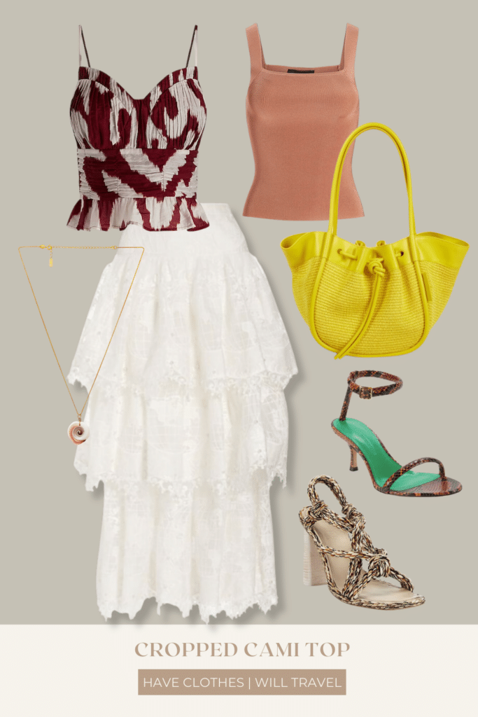 A collaged photo of a Cinco De Mayo outfit ensemble including white tiered maxi skirt, mocha Cami top, Cami peplum top, yellow woven handbag, braided heels, and accessories