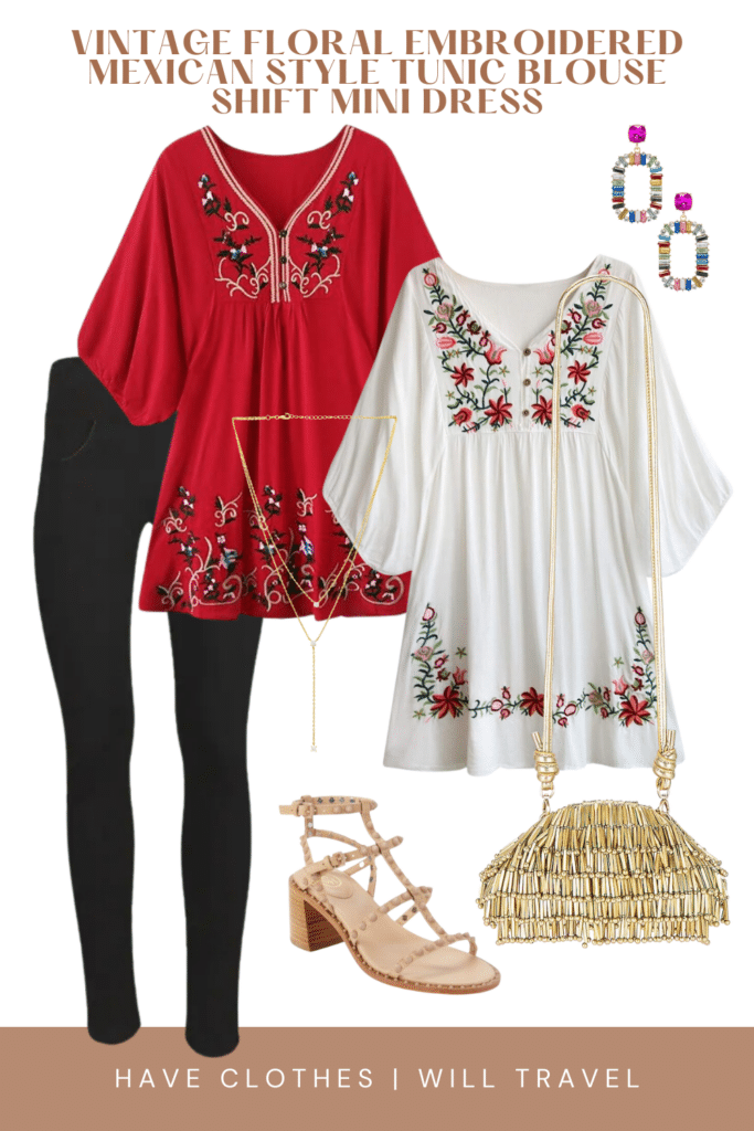 A collaged photo of a Cinco De Mayo outfit ensemble including a vintage floral embroidered Mexican style tunic blouse shift mini dress, black seamed leggings, embellished handbag, nude heels, and accessories