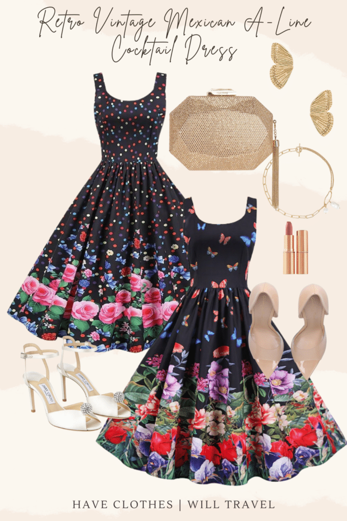 A collaged photo of a Cinco De Mayo outfit ensemble including an Audrey Hepburn inspired A-line cocktail printed dress, gold clutch, white heels, and accessories