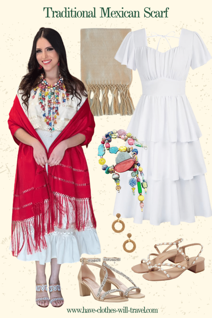 A collaged photo of an outfit ensemble including white tiered dress, traditional red Mexican scarf, embellished heels, and accessories