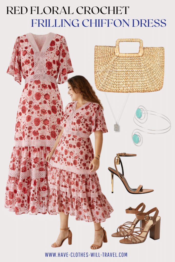 A collaged photo of a Cinco De Mayo outfit ensemble including a red floral crochet frilling chiffon dress, straw handbag, brown strappy heels, and accessories