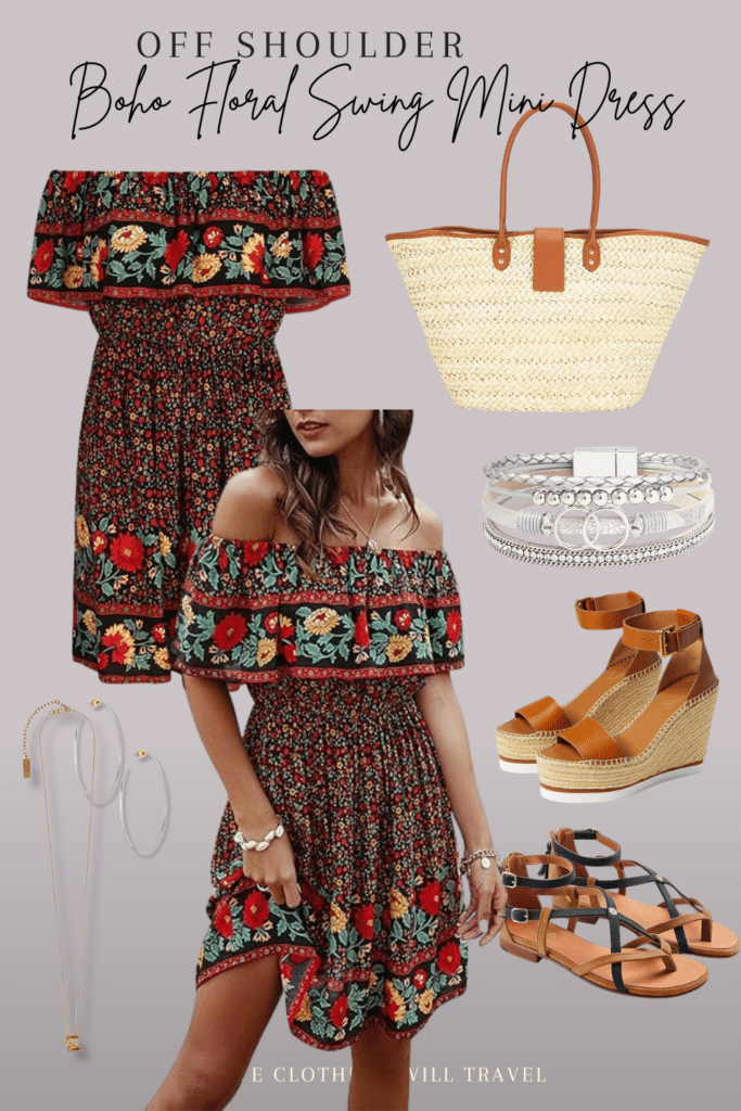 A collaged photo of an outfit ensemble including an off-the-shoulder boho floral swing mini dress, large straw tote bag, brown platform wedges, flat sandals, and accessories