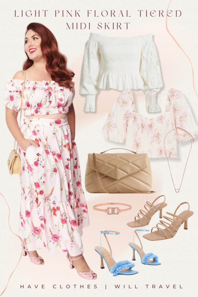A collaged photo of a Cinco De Mayo outfit ensemble including a light pink floral tiered midi skirt coord, crop white and floral top, nude handbag with gold chains, light blue heels, and accessories