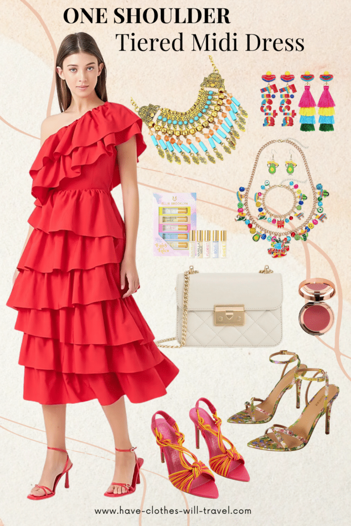 An outfit ensemble including a red one shoulder tiered midi dress, white crossbody leather bag, braided red heels, floral green heels, and a Mexican accessories set