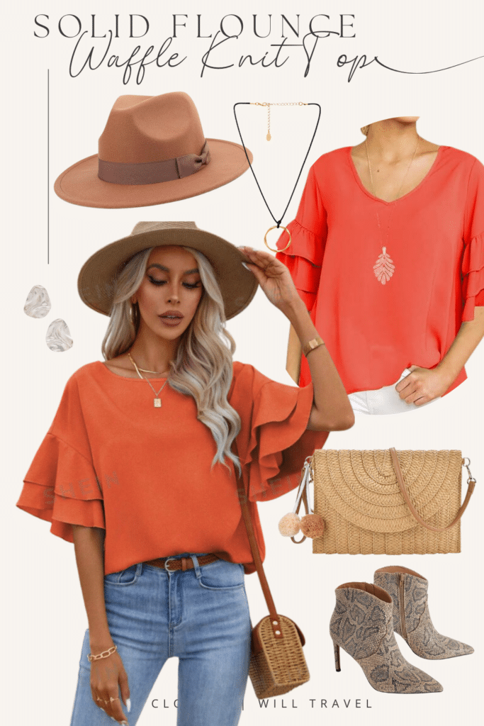 An outfit ensemble including a solid flounce waffle knit top, brown fedora hat, woven handbag, snakeskin booties, and accessories