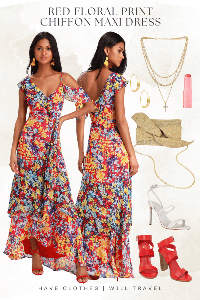 A collaged photo of a Cinco De Mayo outfit ensemble including a red floral print chiffon maxi dress, woven bag, reed and white heels, and accessories