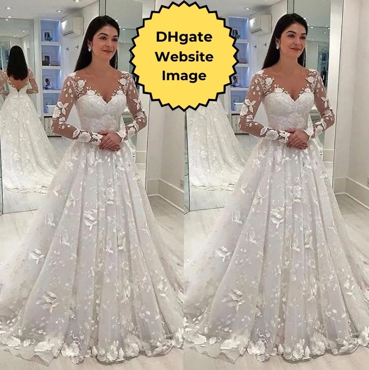 DHGate Website Image of Sexy Women Wedding Dress White Lace Long Dress Deep V-neck Long Mesh Lace Sleeve A-line Pleated Floor-length Dress