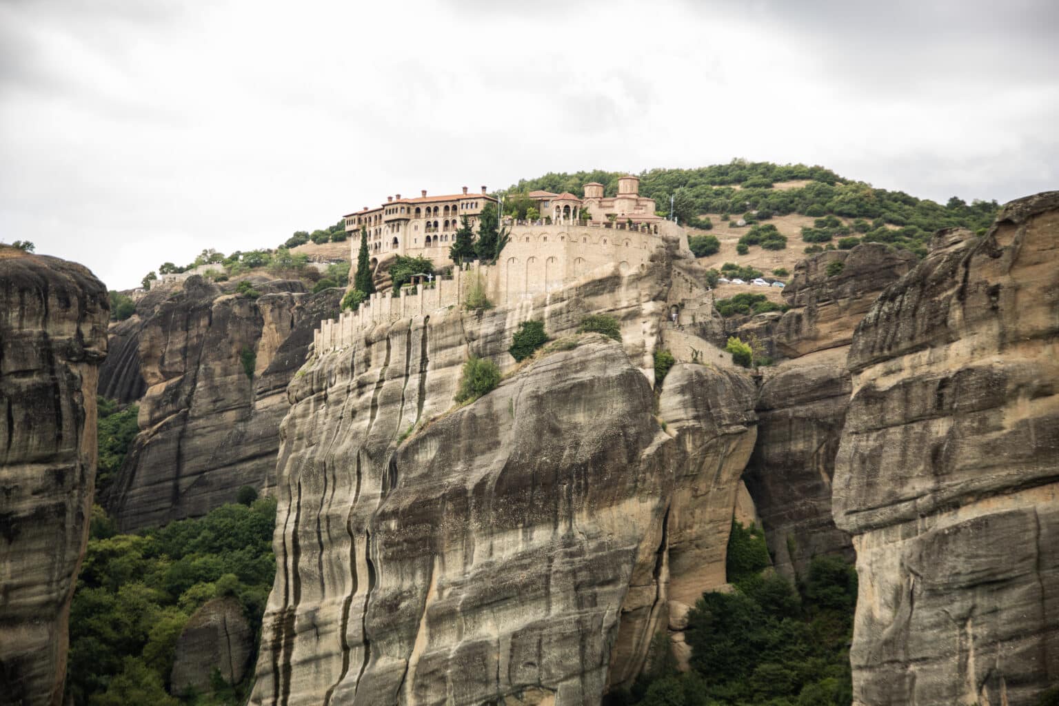 Meteora monasteries on a cloudy day
