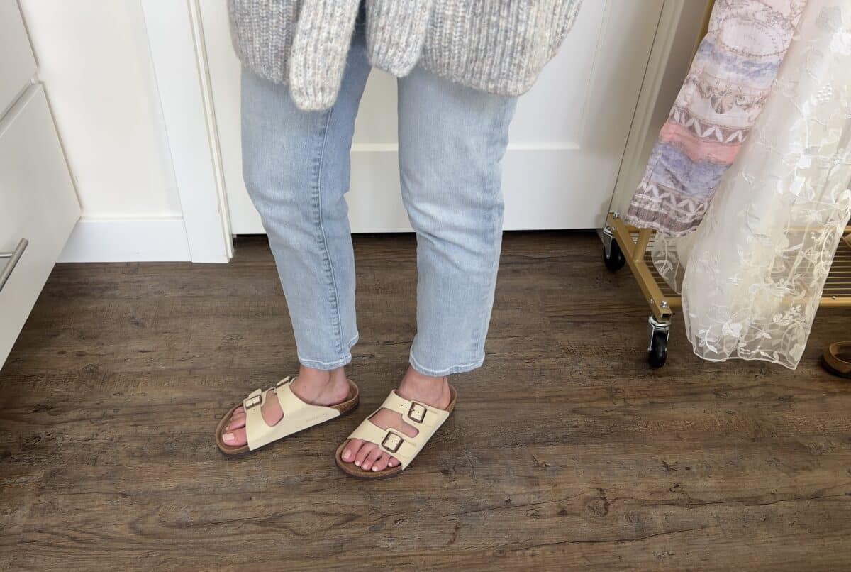 Lindsey modeling a pair of tan Birkenstock look alike sandals from DHGate