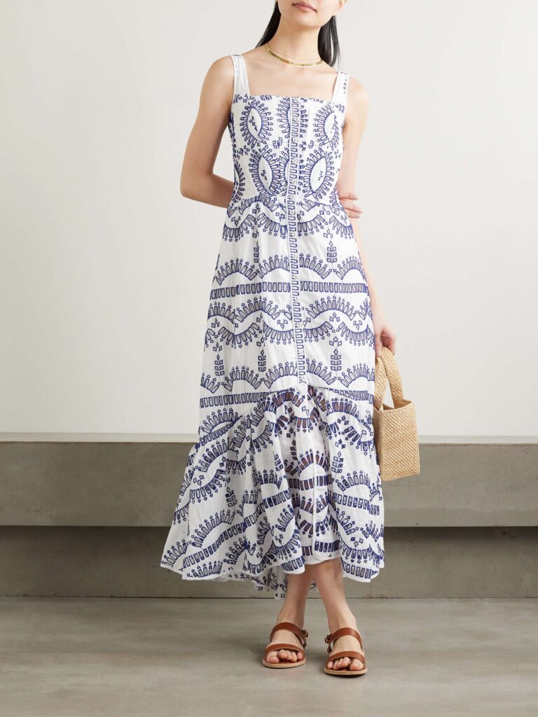 Model Wearing Net-a-Porter's Scalloped Broderie Anglaise Organic-Cotton Midi Dress