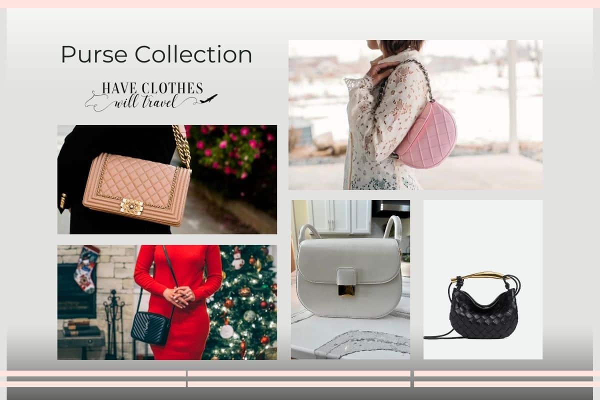 Have Clothes Will Travel purse collection, featuring a collage image of various designer purses from Chanel, YSL, Tory Burch and Bottega Veneta