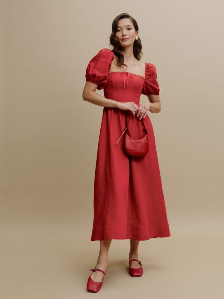 Model Wearing one of the Best Cottagecore Dresses - a Red Reformation Marella Linen Dress