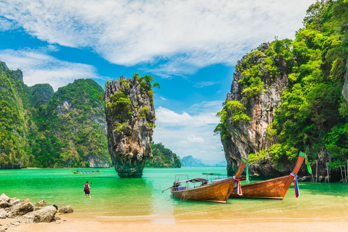 Amazed nature scenic landscape James bond island with boat for traveler Phang-Nga bay, Attraction famous landmark tourist travel Phuket Thailand summer vacation trips, Tourism destinations place Asia