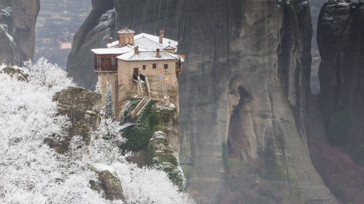 Meteora, Greece in the winter with a dusting of snow