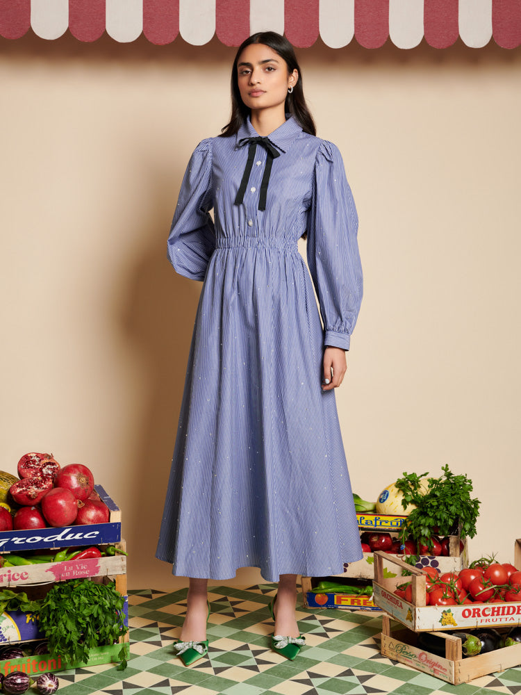 Model Wearing Sister Jane's Navy Blue Ivy Stripe Midi Dress