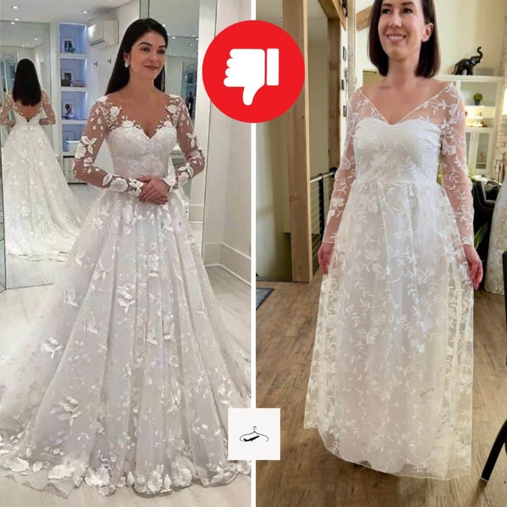 Lindsey doing a what I ordered vs what I got of a DHgate wedding dress - it looks nothing like the website image
