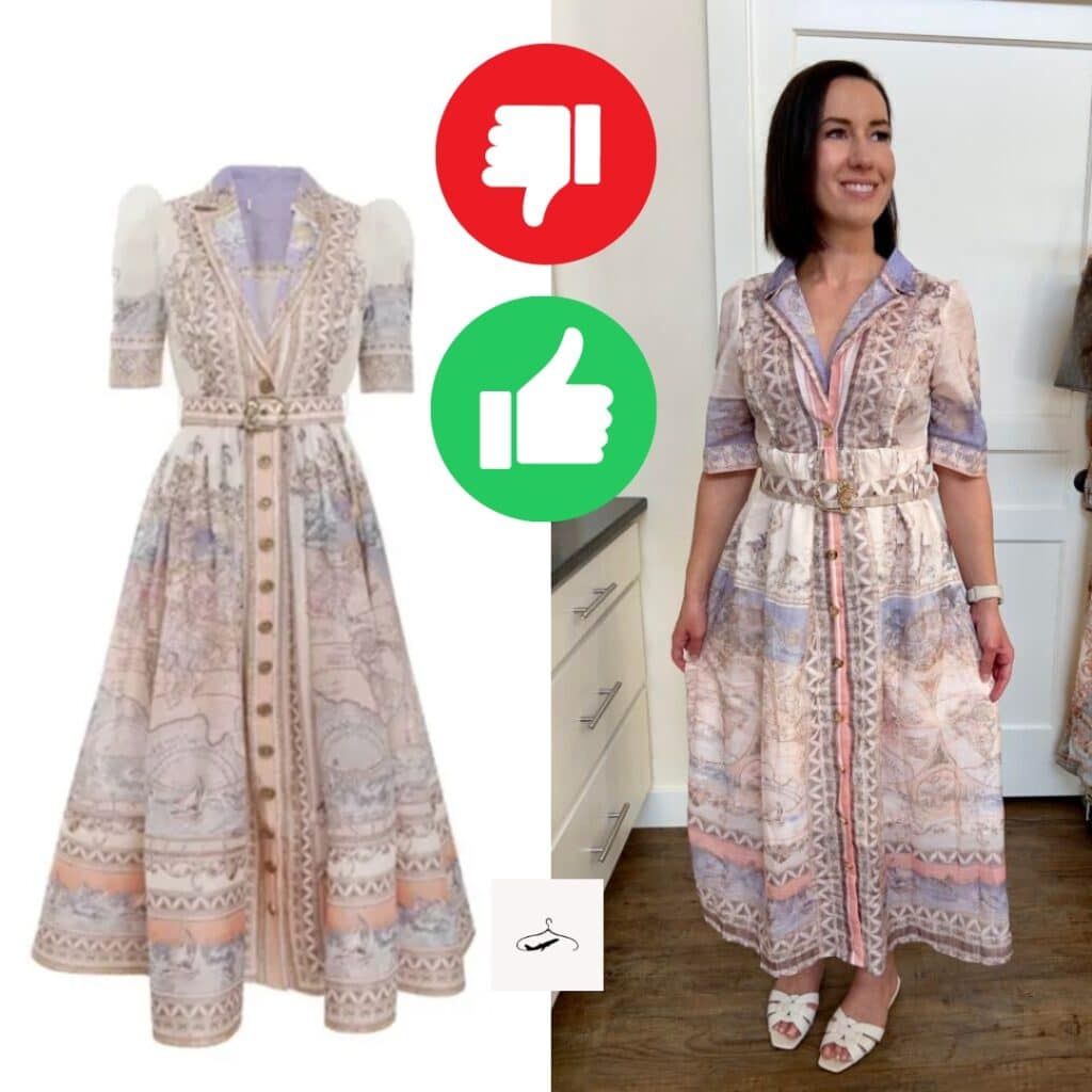 An image comparing a website image and photo of the dress in person, they look similar