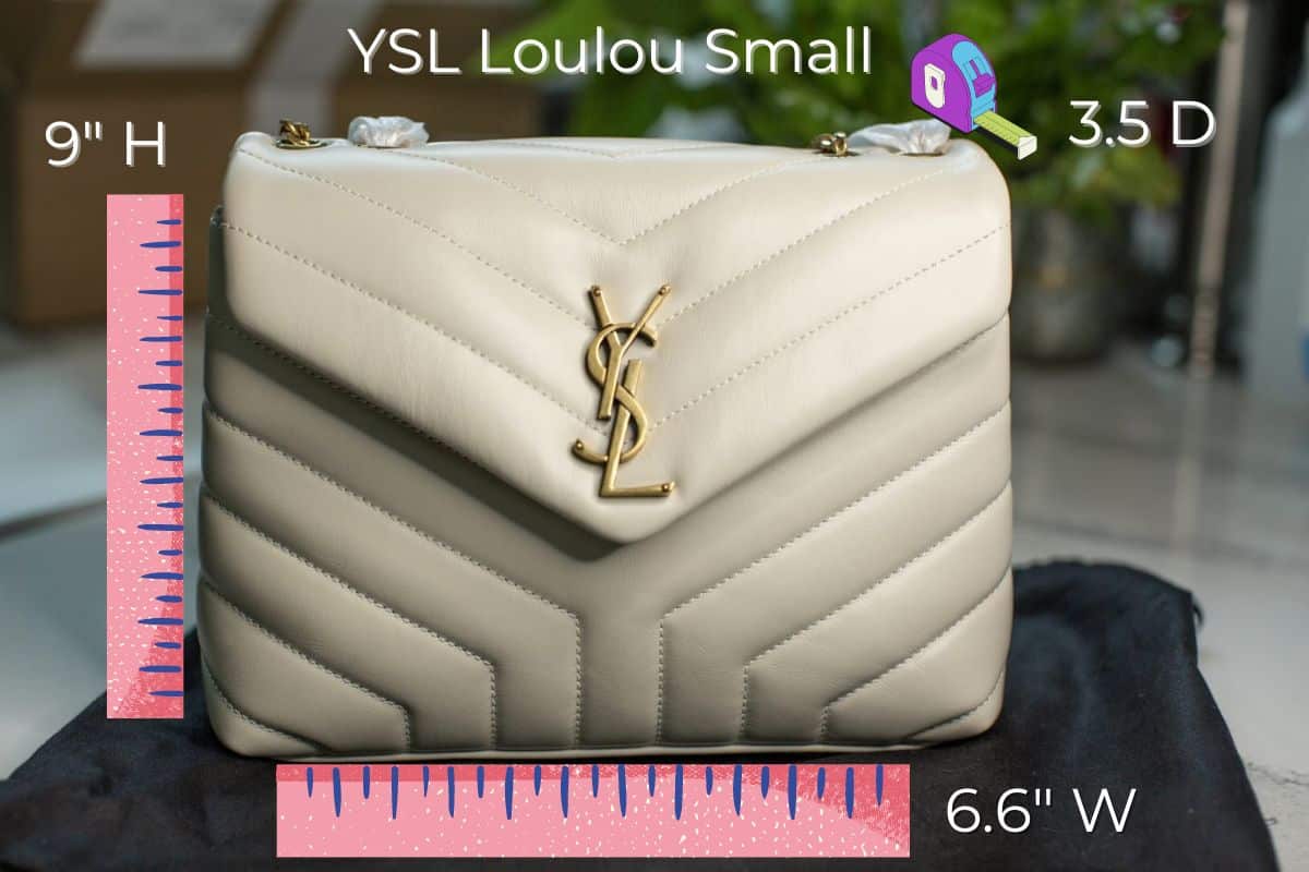Photo of the YSL loulou small with ruler graphics showing the dimensions of the bag.