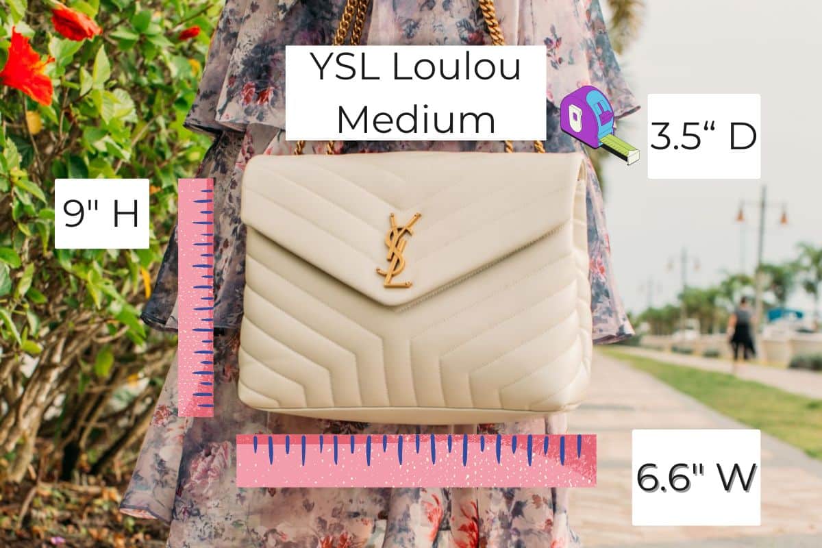 YSL Loulou Medium with ruler graphics showing the measurements of the bag