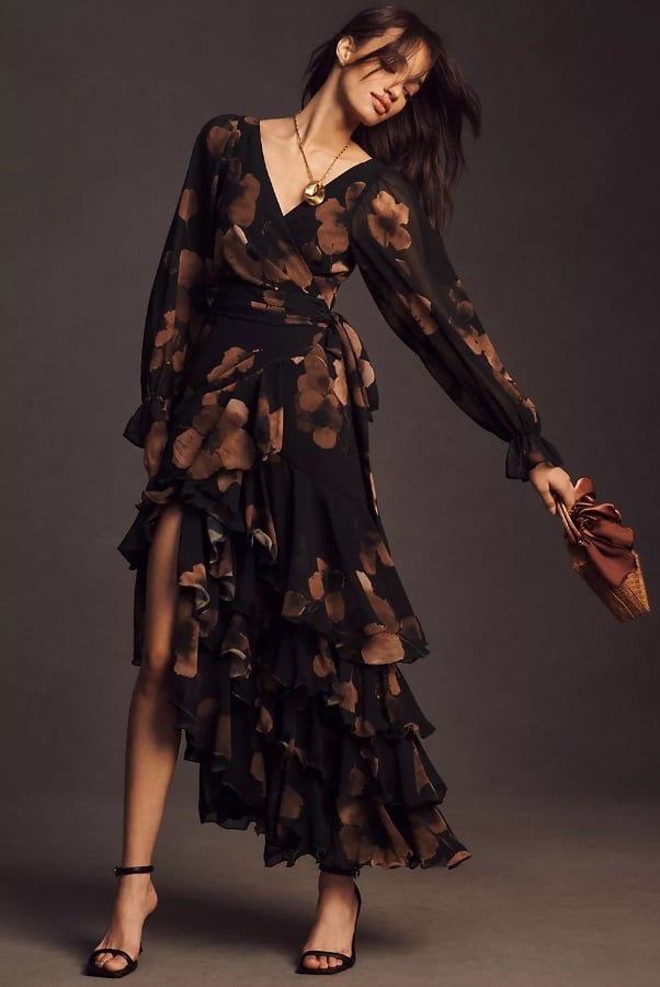 Hutch Kya Long-Sleeve V-Neck Printed Tiered Wrap Maxi Dress