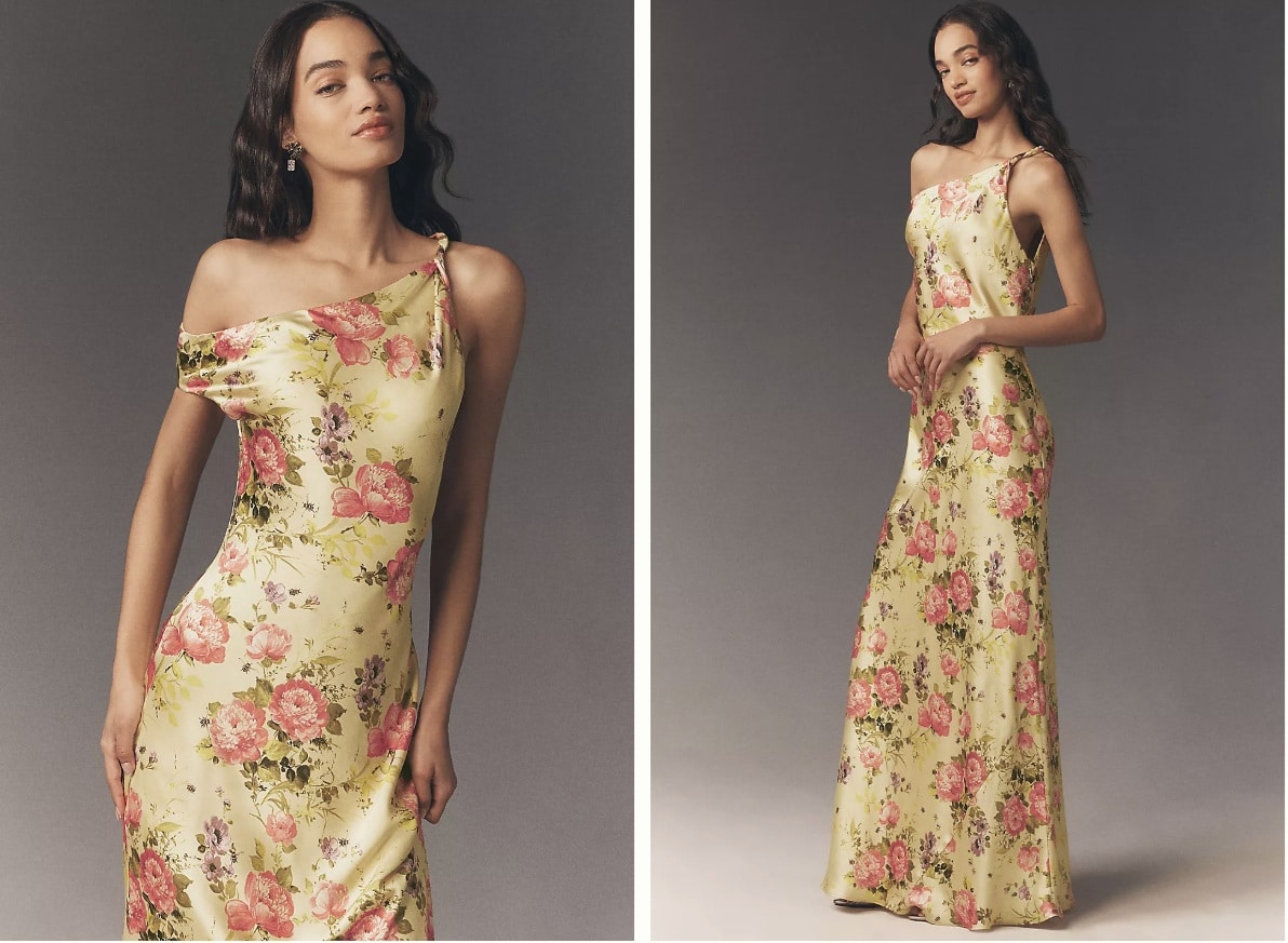 BHLDN Sienna Off-The-Shoulder High-Shine Satin Maxi Dress