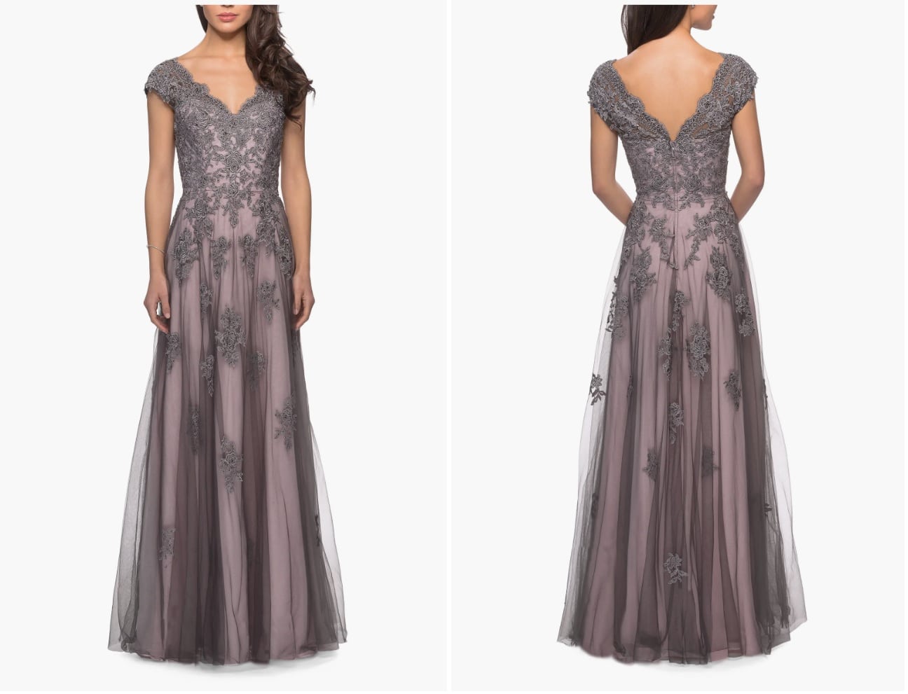 Tulle Evening Gown with Embroidery and Cap Sleeves