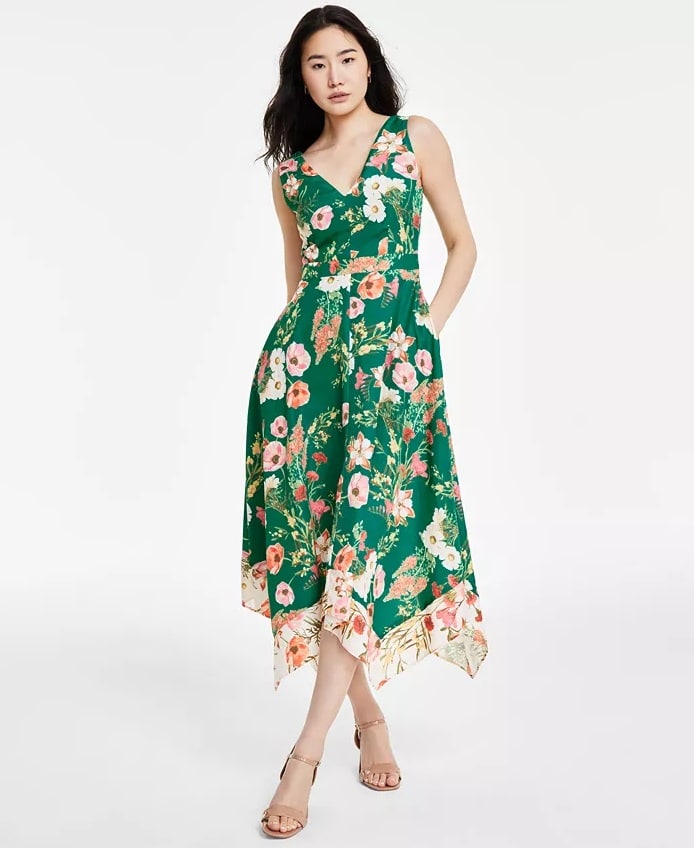 Women's Floral-Print Handkerchief-Hem Midi Dress