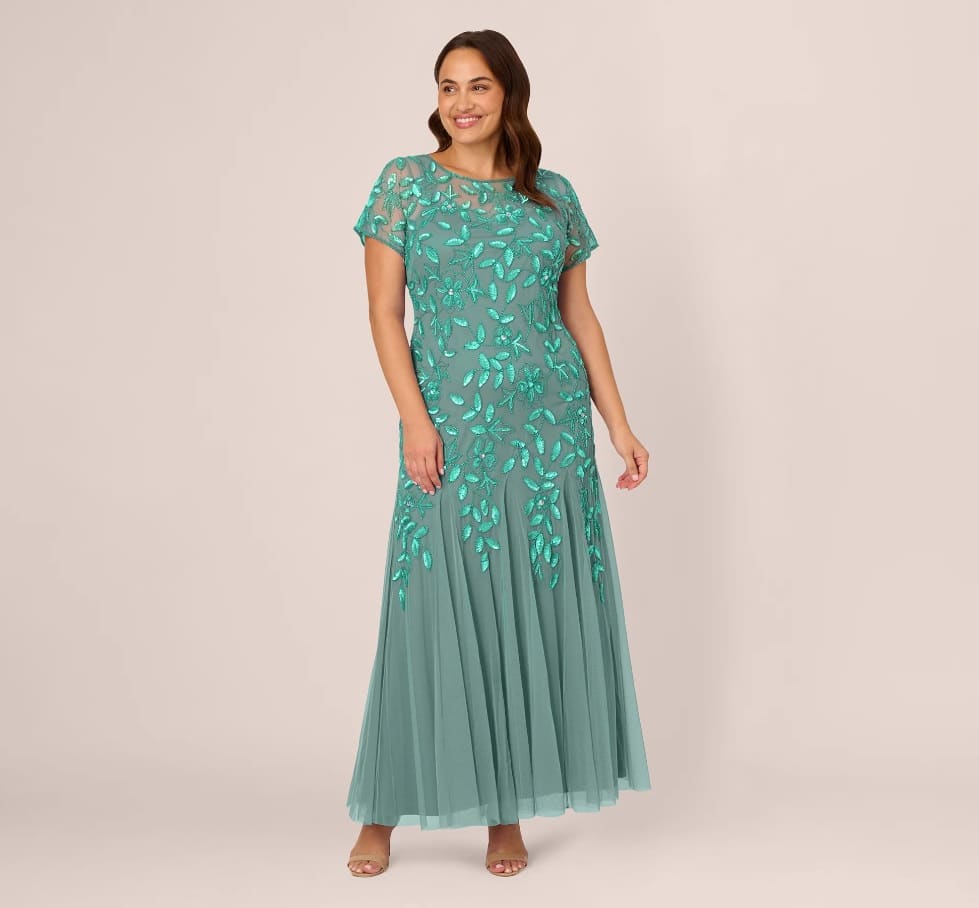 PLUS SIZE HAND BEADED SHORT SLEEVE FLORAL GODET GOWN IN GREEN SLATE