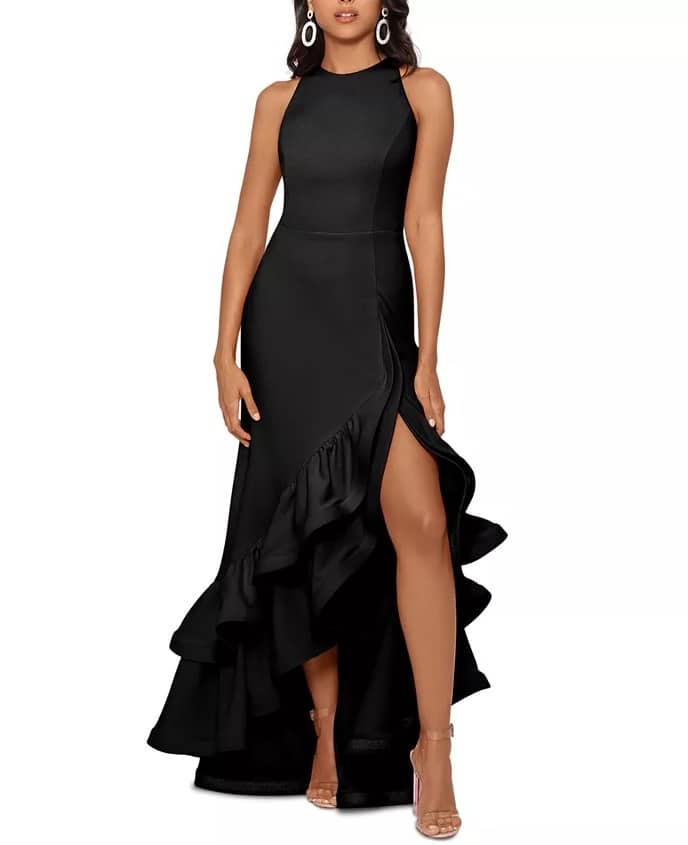 Beautiful black sleeveless Petite Ruffled High-Low Gown with slit.