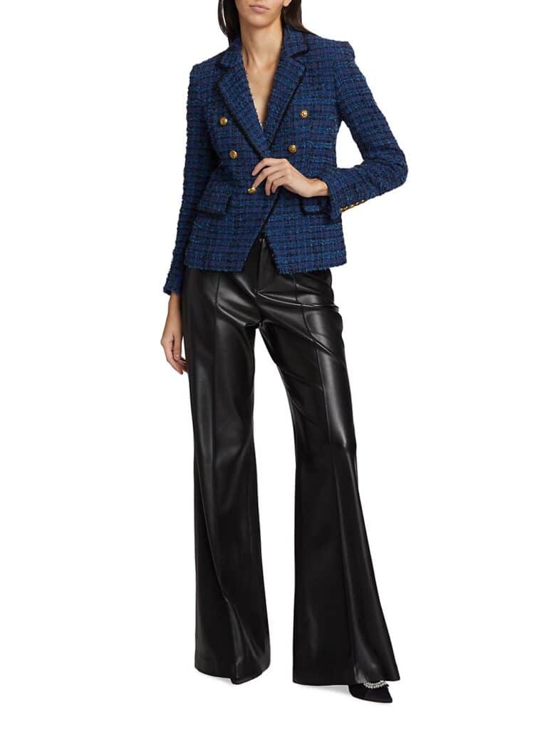 Navy blue tweed jacket and leather pants