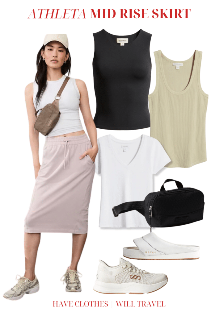 Collaged photo of Athleta Arrival Skirt with shoes and accessories as the perfect summer travel outfit