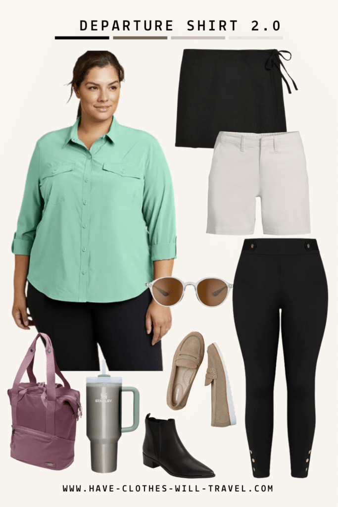 Collaged photo of women's departure 2.0 shirt with shoes and accessories as the perfect summer travel outfit