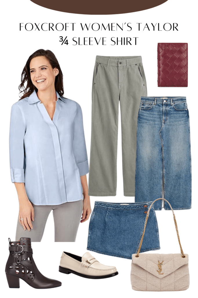 Collaged photo of Foxcroft Women's Taylor 3/4 Sleeve Shirt with shoes and accessories as the perfect summer travel outfit