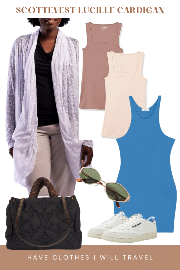 Collaged photo of SCOTTeVEST's Lucille Cardigan with shoes and accessories as the perfect summer travel outfit