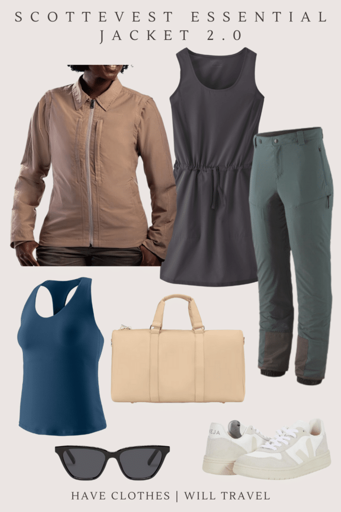 Collaged photo of SCOTTeVEST's essential jacket with shoes and accessories as the perfect summer travel outfit