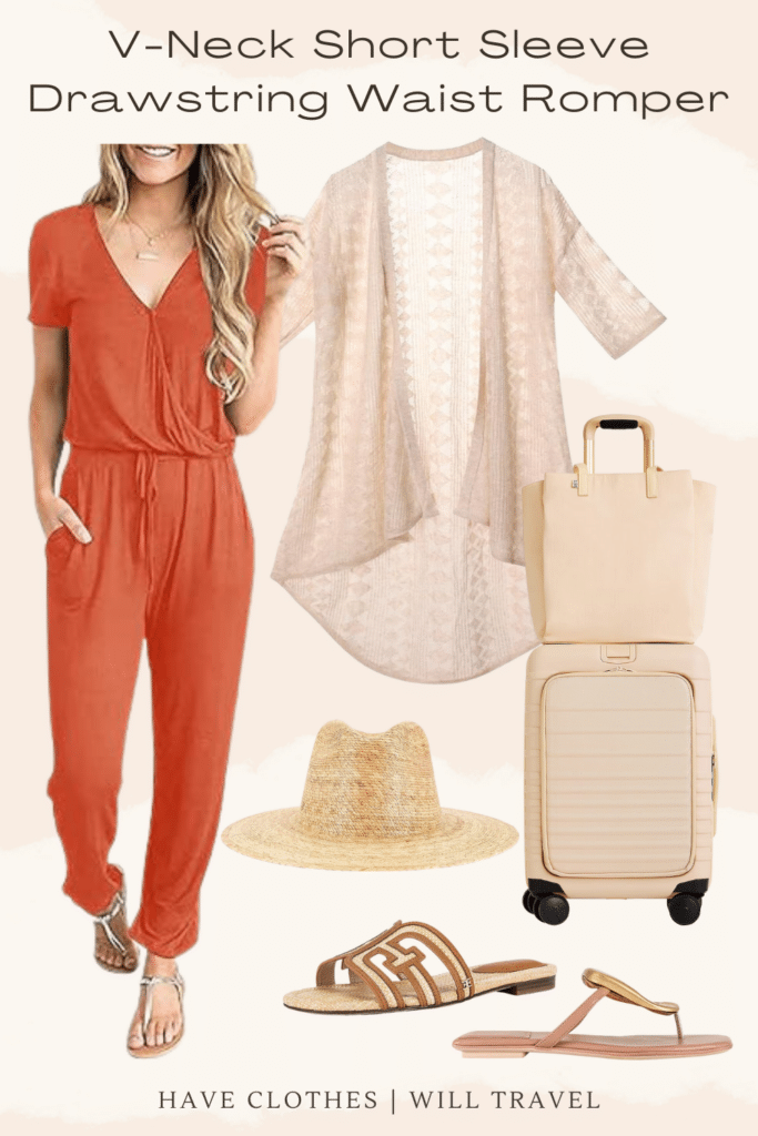Collaged photo of an orange V-neck short sleeve drawstring waist romper with shoes and accessories as the perfect summer travel outfit