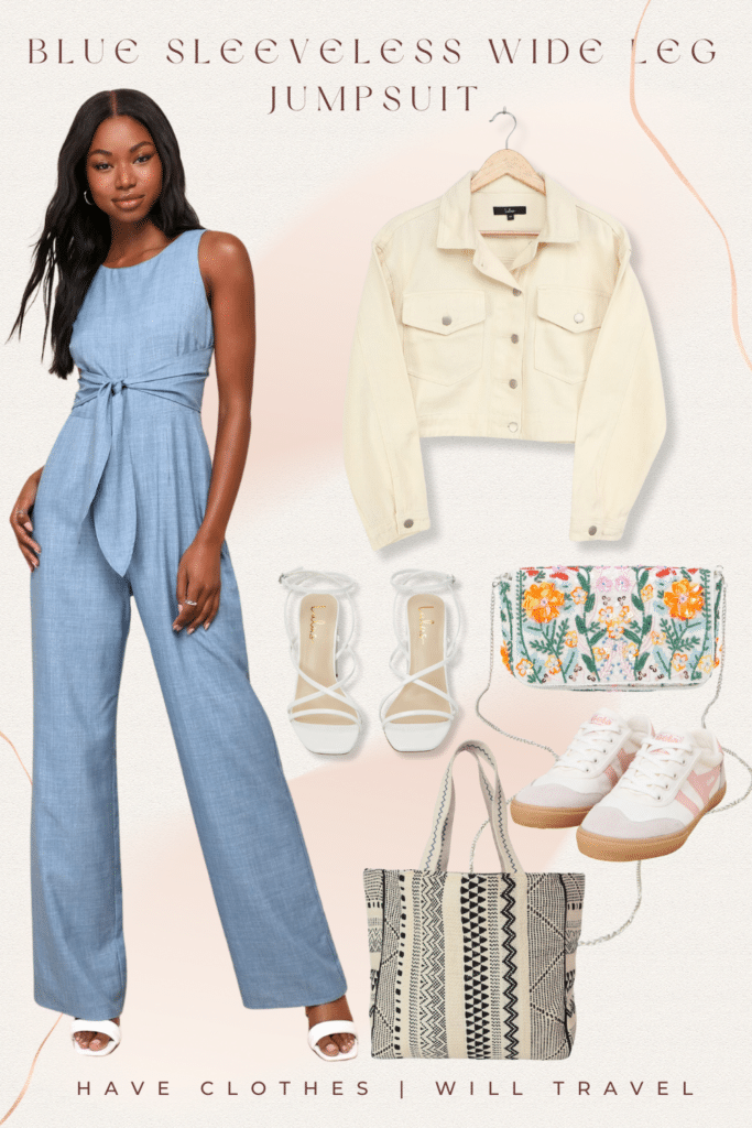 Collaged photo of a blue sleeveless wide leg jumpsuit with shoes and accessories as the perfect summer travel outfit