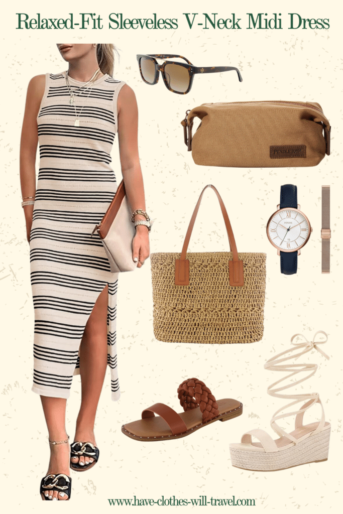 Collaged photo of a relaxed-fit sleeveless V-neck midi dress with shoes, clothes, and accessories as the perfect summer travel outfit
