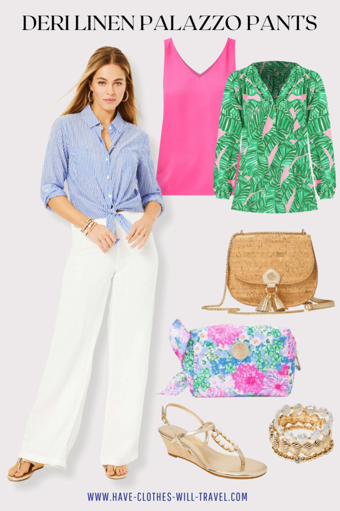 Collaged photo of a Deri Linen Palazzo Pants with shoes, clothes, and accessories as the perfect summer travel outfit