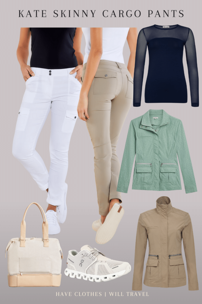 Collaged photo of a Kate Skinny Cargo Pants with shoes, clothes, and accessories as the perfect summer travel outfit
