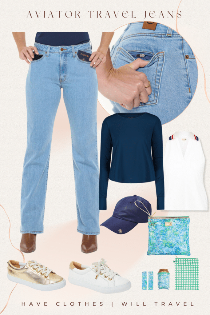 Collaged photo of an Aviator Travel Jeans with shoes, clothing, and accessories as the perfect summer travel outfit