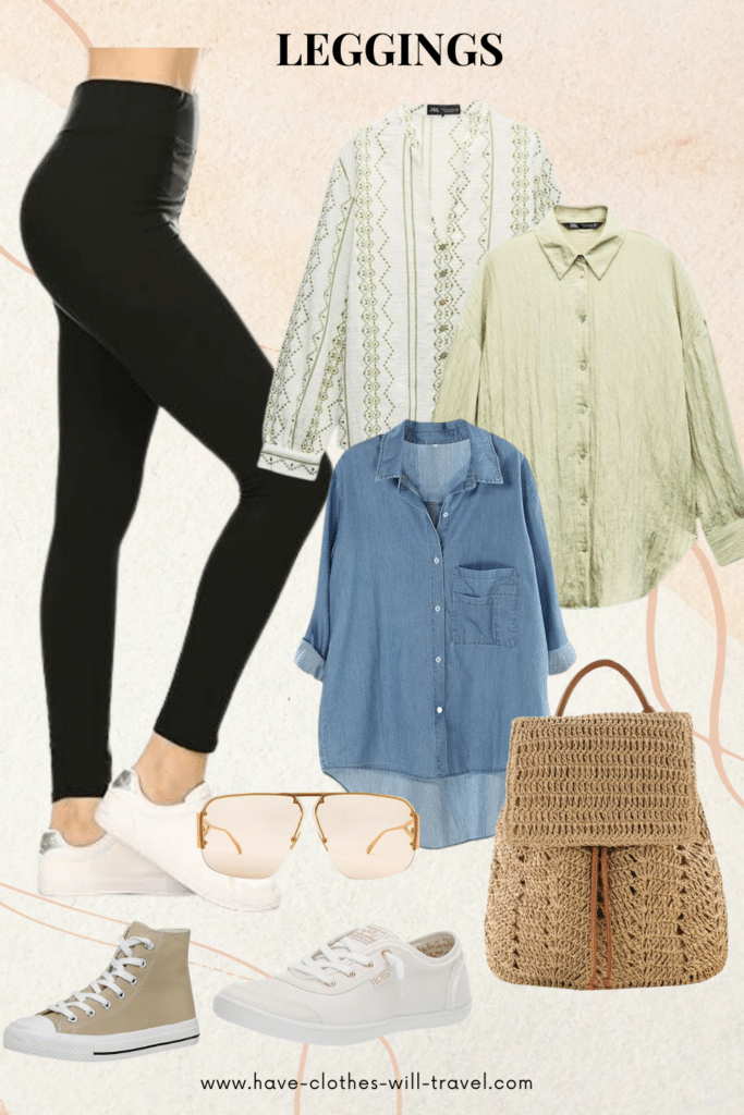 Collaged photo of a pair of leggings with shoes and accessories as the perfect summer travel outfit
