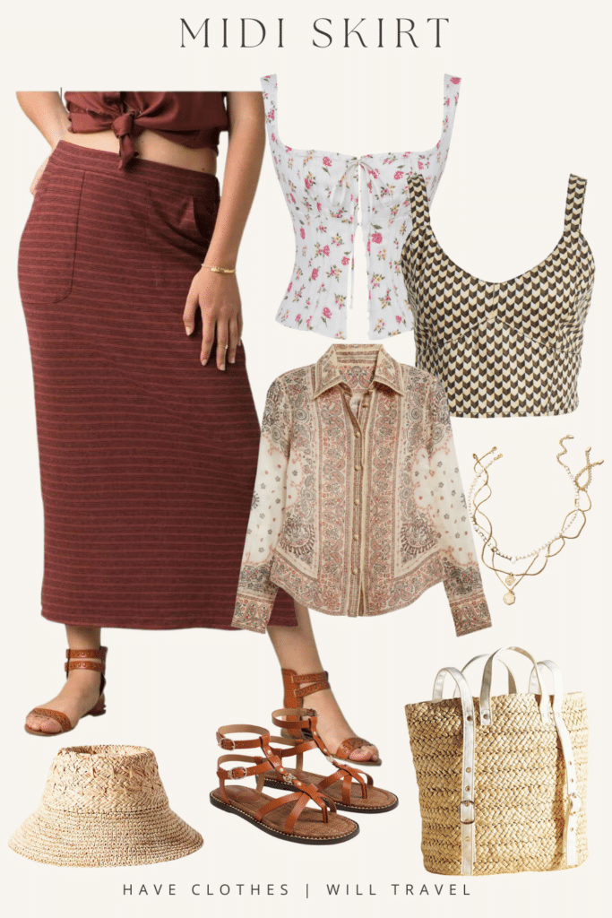 Collaged photo of a prAna Tulum Skirt with shoes and accessories as the perfect summer travel outfit