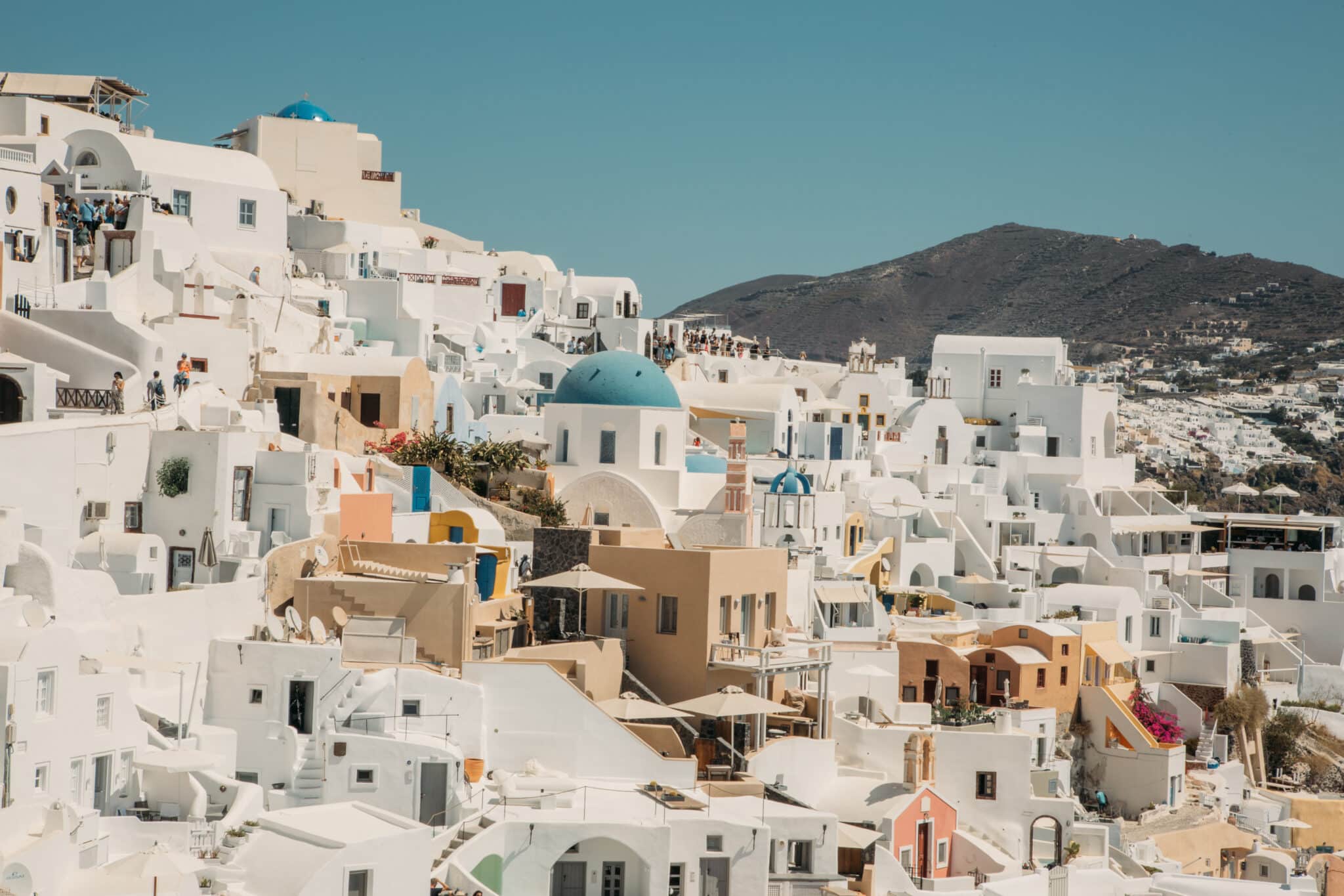 White washed buildings of Santorini, Greece on a bright sunny day